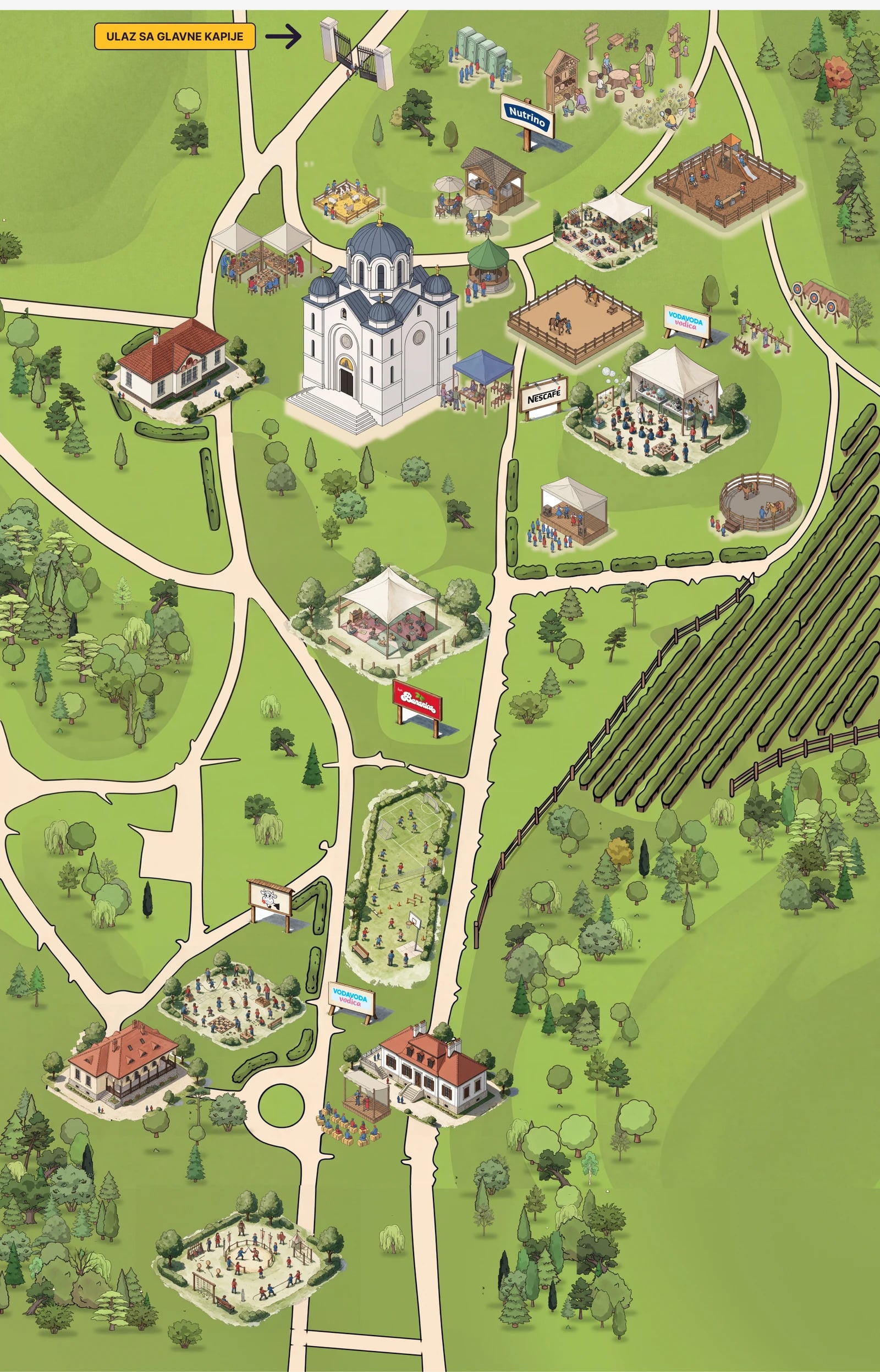 Ilustrovana mapa Oplenca: crkva Svetog Đorđa, vile, vinograd i staze kroz park